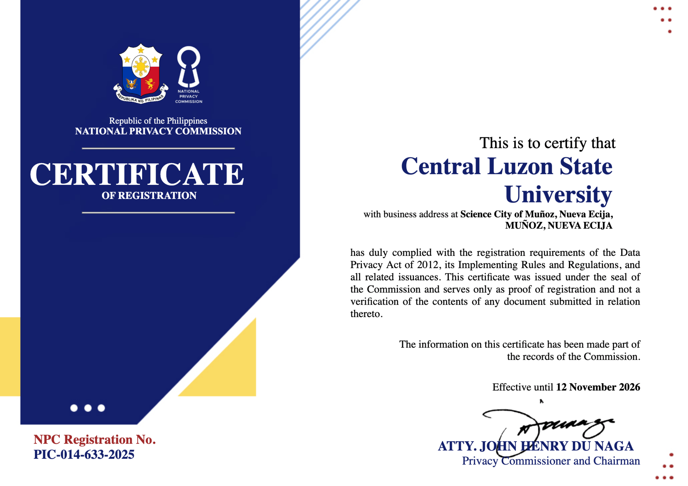 CLSU Data Privacy Division certificate